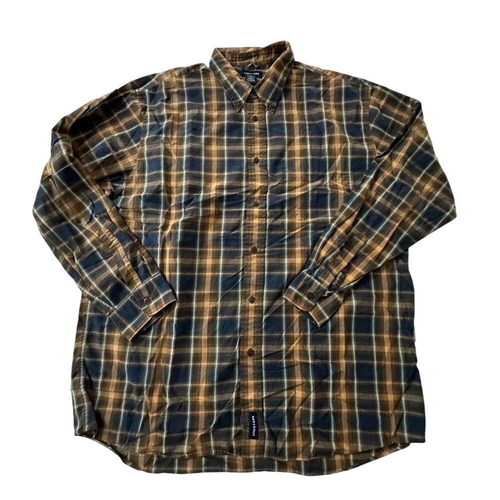 Structure Plaid Shirt Mens XL Y2K Grunge Workwear Brown‎ Blue Button Up